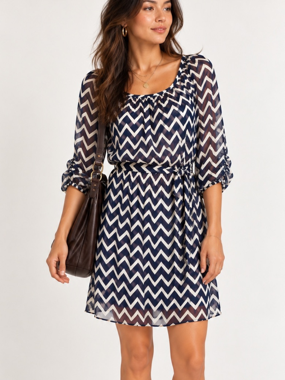 Speechless Chevron Chiffon Dress Navy Ivory Belted 3/4 Sleeve Small